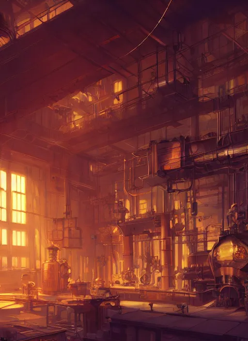 Prompt: beautiful interior of a steampunk factory, ross draws, james gilleard, delphin enjolras, goro fujita, makoto shinkai, paul lehr, volumetric lighting, octane render, very coherent, trending on artstation