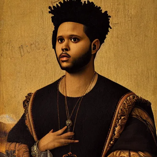 Image similar to a renaissance style portrait painting of the weeknd