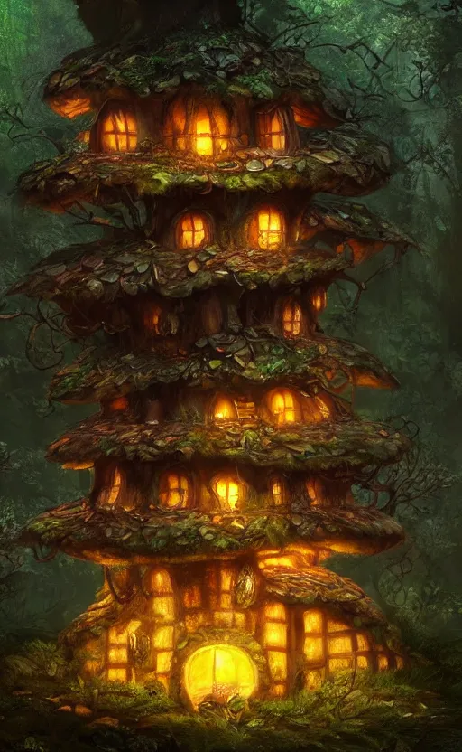 Image similar to a mushroom house in the middle of a forest at night, the lights are on, dynamic lighting, photorealistic fantasy concept art, trending on art station, stunning visuals, creative, cinematic, ultra detailed