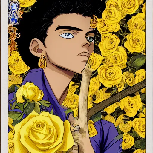 Prompt: A side view portrait of 15 years old young and beautiful giorno giovanna holding a branch of yellow rose, fantasy, detailed, cinematic, tarot card, highly detailed, golden ratio,8k