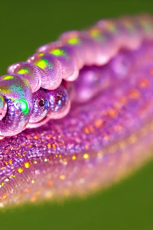 Image similar to high quality macro photo iridescent cyborg caterpillar! cute highly detailed david ligare elson peter cinematic pink lighting high quality low angle hd 8k sharp shallow depth of field