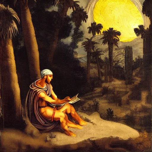 Prompt: a Druid reading an ancient scroll, sitting under a large palm tree in the desert next to a small fire, brown hooded cloak, ancient Egyptian city far away in the distance, night, dark, starry sky, oil on canvas by Michelangelo