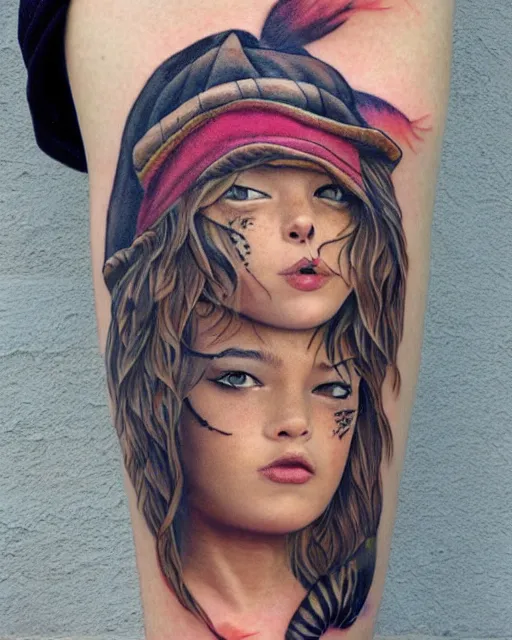 Prompt: a girl with a tiger hat tattoo, hyper realistic, hyper detailed, by eliot kohek
