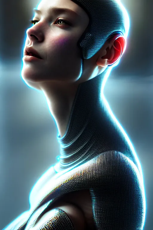 Image similar to portrait of ultra realistic, beautiful cyborg woman, metahuman, sci-fi, fantasy, cyberpunk, intricate, elegant, highly detailed, digital painting, octane render, artstation, concept art, smooth, sharp focus, eerie, illustration, 8k, HD, art by artgerm and giger and alphonse mucha