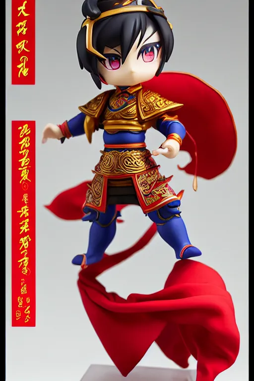 Image similar to arty chinese mythology ne zha nendoroid full body hyperdetalied, hero pose, osamu tezuka, macoto takahashi, chibi, q posket, 8 k realistic, 3 d, cryengine, exquisite, red cloth around his shoulders, hold spear, ne zha ( 2 0 1 9 ), fenghua zhong,