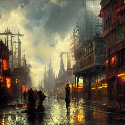 Prompt: detailed painting of a cyberpunk street in 1 9 4 0, exterior, floral ornaments, volumetrics lights, beam of bright lights through the clouds, andreas achenbach