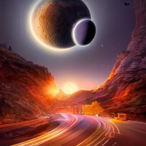 Prompt: amazing photo of a town in a planet without gravity with a donut shaped moon, digital art, by marc adamus, beautiful dramatic lighting