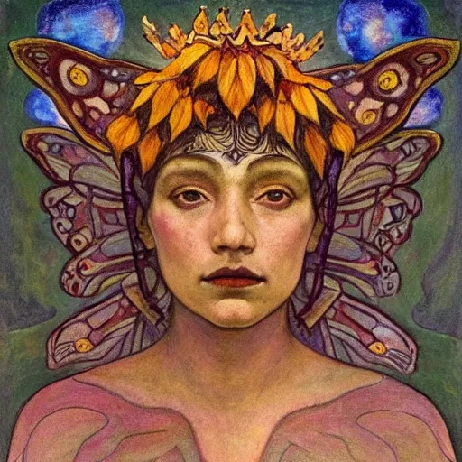 Image similar to the moth crown, by Annie Swynnerton and Nicholas Roerich and Diego Rivera, bioluminescent skin, floral tattoos, wings made out of flowers, elaborate costume, geometric ornament, symbolist, smooth, sharp focus, extremely detailed