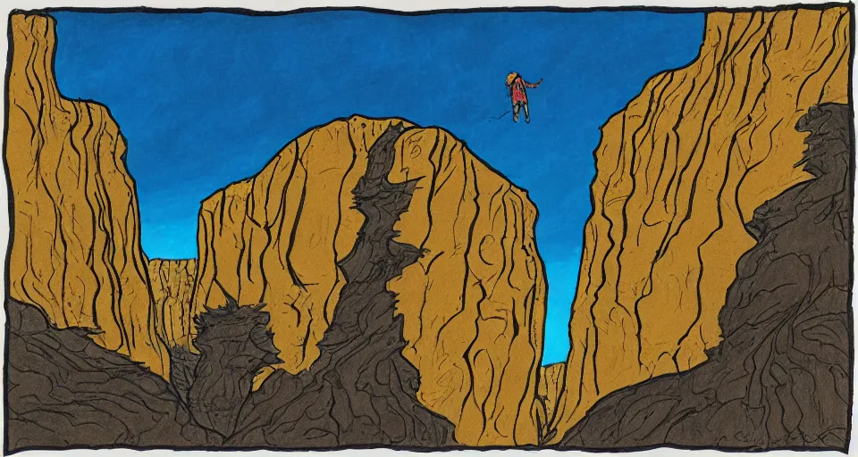 Image similar to a drawing of a person standing in a canyon, an album cover by alson s. clark, tumblr contest winner, underground comix, concert poster, official art, poster art