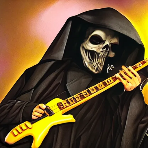 Image similar to the grim reaper playing live with Black Sabbath, live on stage, photorealism,