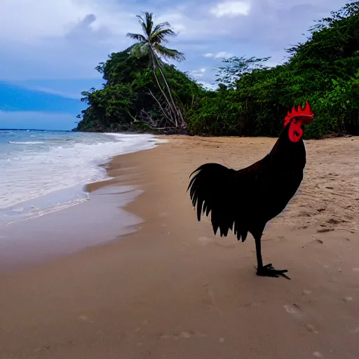 Image similar to a photograph of a rooster standing on a beautiful white sand Philippines beach