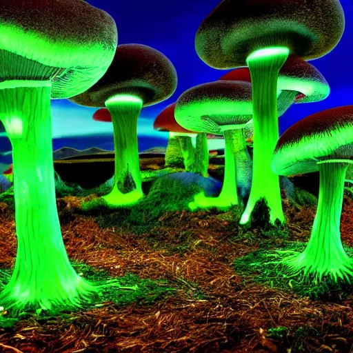 Prompt: giant mushroom forest, glowing green and blue, glowing eyes, tendrils