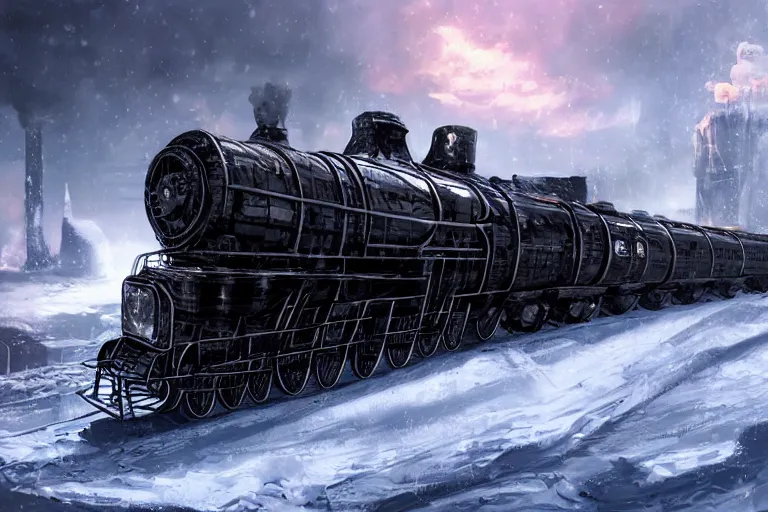 Image similar to willy wonka's grand intricate futuristic black steam train, post - apocalyptic ice landscape in snowstorm, concept art, artstation, highly detailed, digital art
