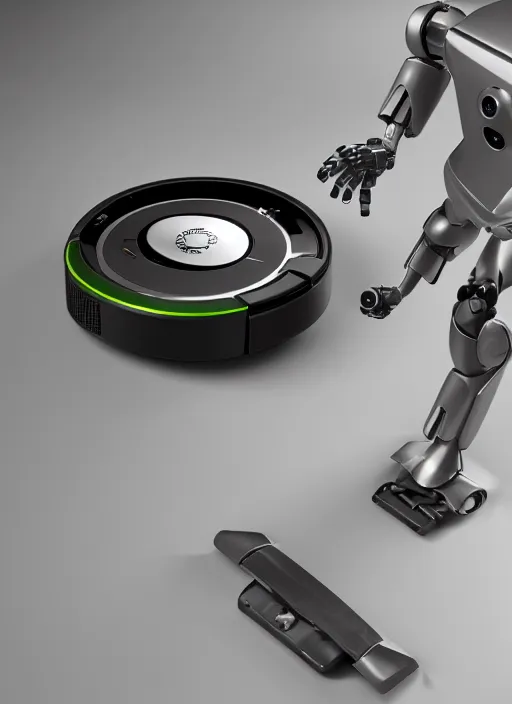 Image similar to A robot roomba with four mechanical limbs, 3D Product, professional render, studio quality, octane render