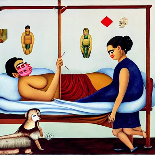 Prompt: frida kahlo wrapped in bandages lying in a hospital bed with paint set painting on the bandages, tubes and equipment around the bed by fernando botero