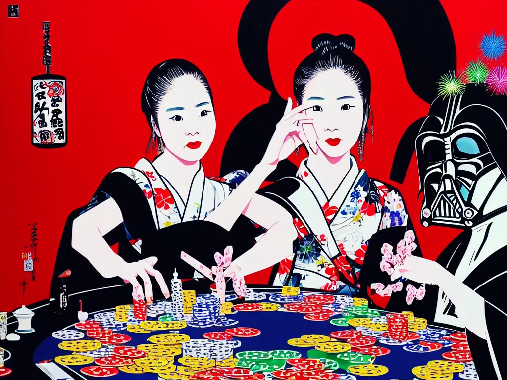 Prompt: hyperrealistic composition of the detailed woman in a japanese kimono sitting at a poker table with detailed darth vader, fireworks, mount fuji on the background, pop - art style, jacky tsai style, andy warhol style, acrylic on canvas