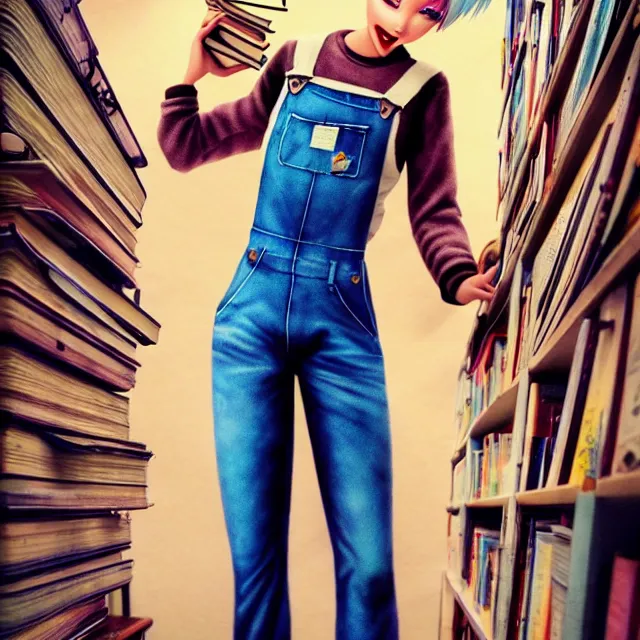 Image similar to full body pose, beautiful adult book fairy, pixar, short white hair shaved sides, dirty, grungy, grunge, long sleeve, painted overalls, stacks of giant books, highly detailed, 4 k, hdr, smooth, sharp focus, high resolution, award - winning photo, artgerm, photorealistic