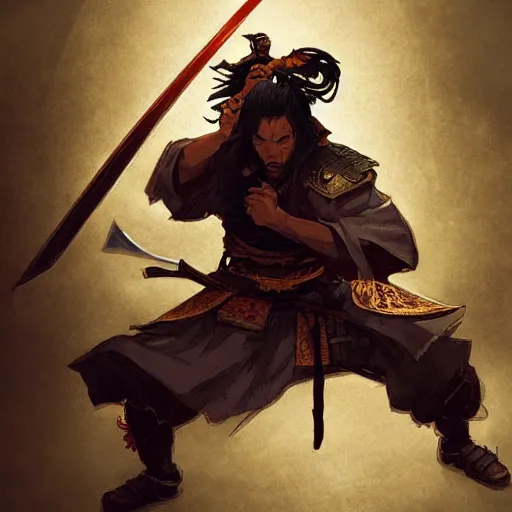 Image similar to A samurai with his sword in a defensive stance, D&D, fantasy, intricate, cinematic lighting, highly detailed, digital painting, artstation, concept art, smooth, sharp focus, illustration, art by Akihiko Yoshida, Greg Rutkowski and Alphonse Mucha