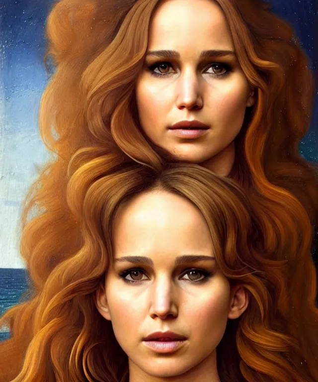 Image similar to half nathalie portman half Jennifer lawrence a fantasy magic woman portrait by Sandro Botticelli, oil painting masterpiece, sci-fi, amber eyes, face, long hair, fantasy, intricate, elegant, highly detailed, digital painting, artstation, concept art, smooth, sharp focus, illustration, art by artgerm and greg rutkowski and alphonse mucha