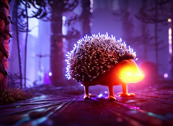 Prompt: intricate hedgehog with leds instead of needles, on the background of a weird magical mechanical forest. Very detailed 8k. Fantasy cyberpunk horror. Sharp. Cinematic post-processing. Unreal engine. Nanite. Ray tracing. Parallax. Tessellation