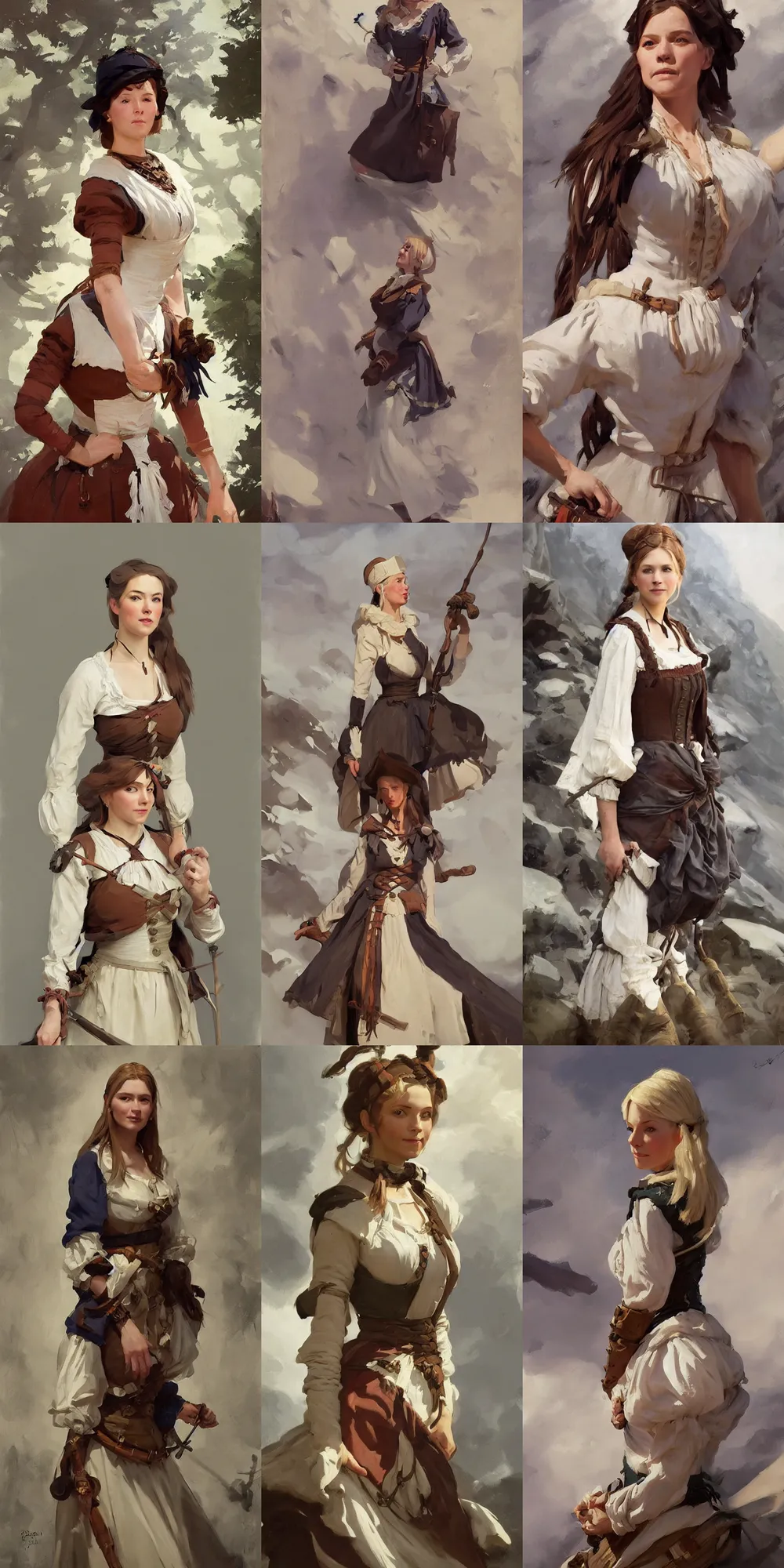 Prompt: portrait of finnish norway scandinavian village maiden wearing 1 8 th century bodice jodhpurs greg manchess painting by sargent and leyendecker, studio ghibli, fantasy, medium shot, asymmetrical, intricate, elegant, matte painting, illustration, hearthstone, by greg rutkowski, by greg tocchini, by james gilleard, by joe fenton