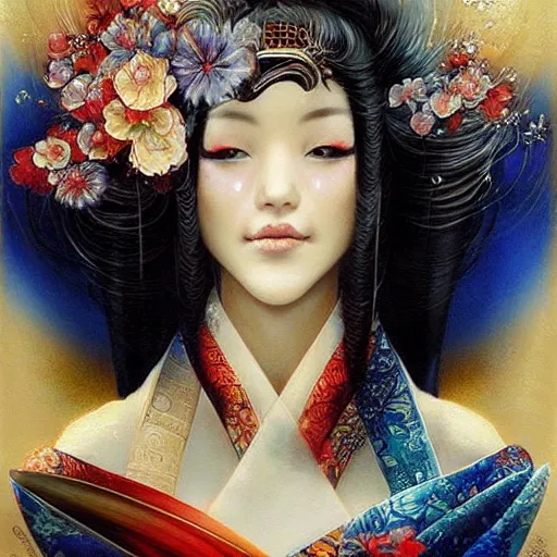 Prompt: a beautiful geisha manipulating water by karol bak, ayami kojima, artgerm, river, water, blue eyes, smile, concept art, fantasy