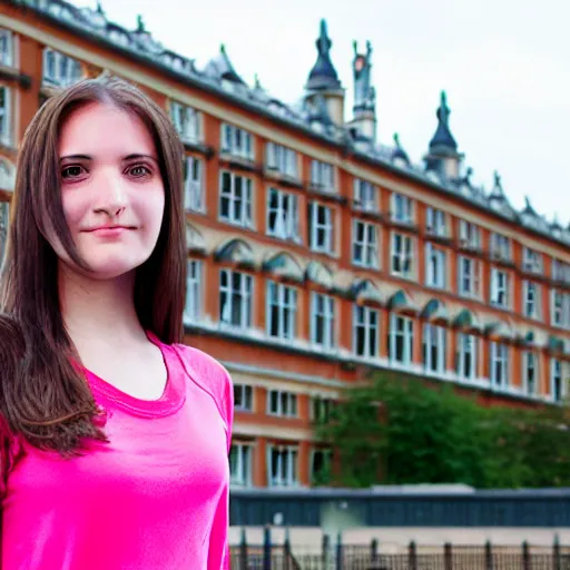 Prompt: A young woman with long brown hair and a pink top, headshot, with the top of Royal Holloway Building in the background, realistic photo