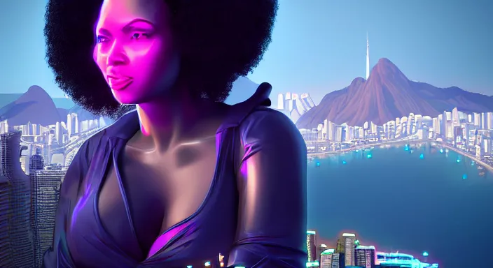 Image similar to portrait of beautiful cyberpunk black woman with afro hair, rio de janeiro pao de acucar corcovado ipanema on the background, blue and purple digital art trending on artstation, beeple, soft lighting, bokeh