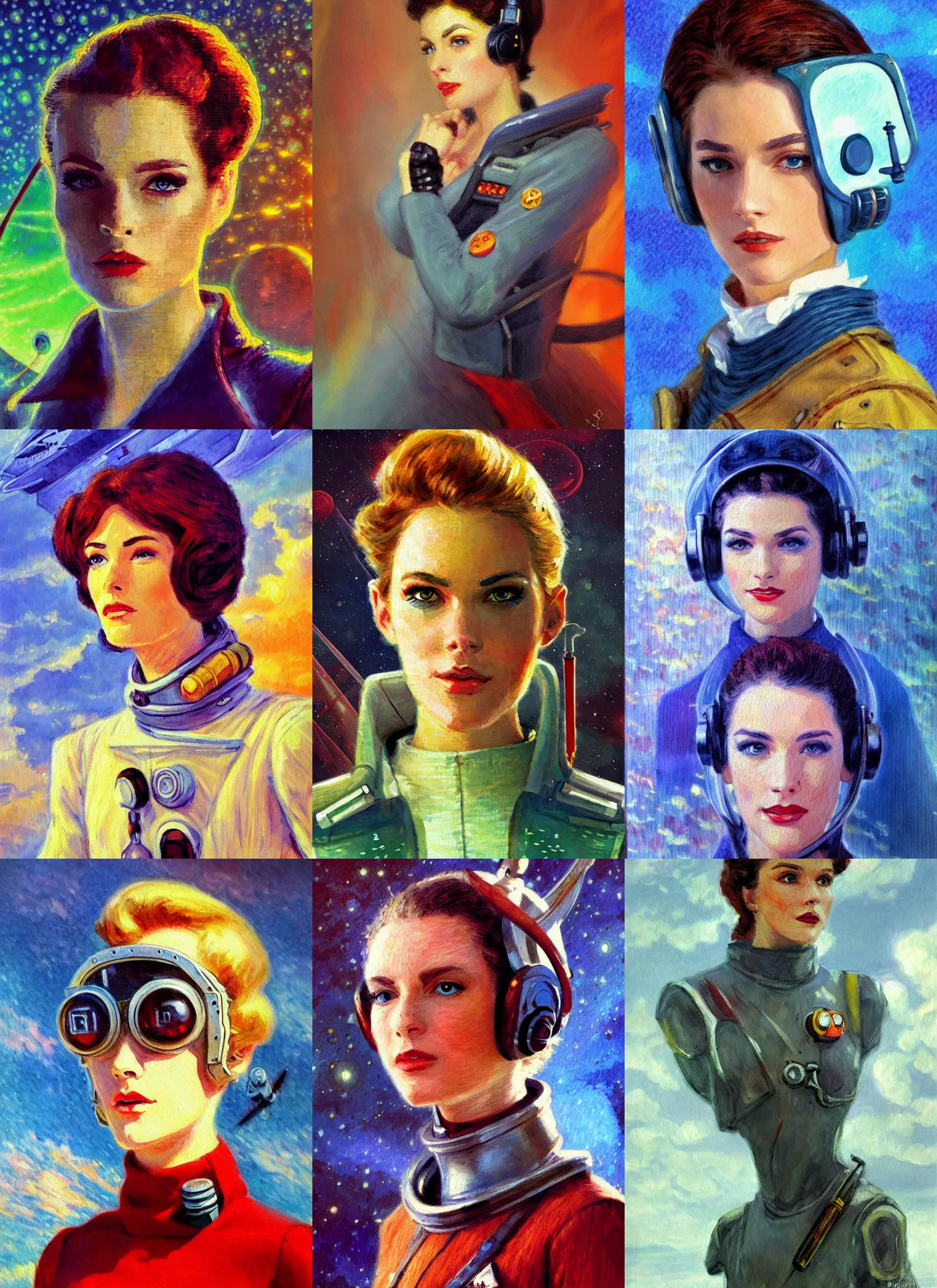 Prompt: impressionism painting of a d & d style retro sci - fi pilot beautiful face and wearing full detailed clothing