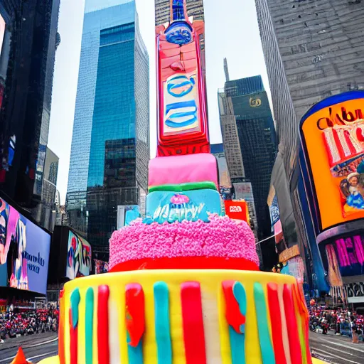 Prompt: 5 0 ft high birthday cake in the middle of times square, canon eos r 3, iso 2 0 0, 1 / 1 6 0 s, 8 k, raw, unedited, symmetrical balance, in - frame