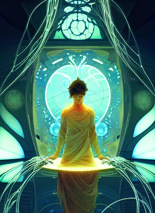 Image similar to high zoom, inside fractals!! calm, healing, resting, life, hybrids, scifi, glowing lights!!, published concept art, mixed medias, image overlays, sharp focus, thin glowing wires, top best illustration, art by greg rutkowski and alphonse mucha, singularity!!!, 3 6 0 capture