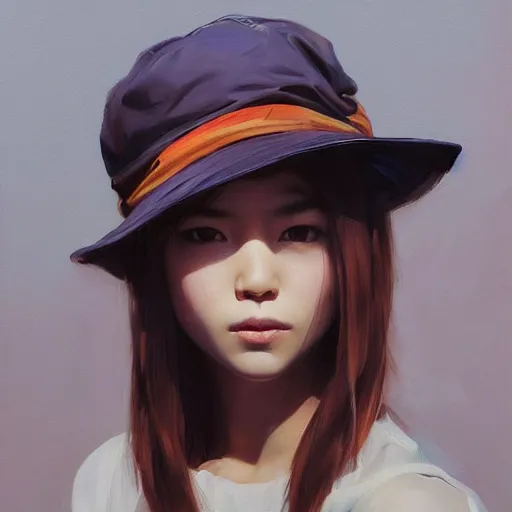 Image similar to oil painting by ilya kuvshinov,, baugh casey, artgerm craig mullins, coby whitmore, of a youthful japanese girl, long hair, fisherman's hat, highly detailed, breathtaking face, studio photography, noon, intense bounced light, water reflection, large tree casting shadow, serine intense sunlight