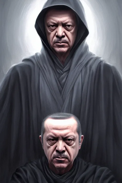 Image similar to Recep Tayyip Erdogan as Grim Reaper in a hood, portrait, highly detailed, digital painting, artstation, concept art, smooth, sharp focus, illustration, cinematic lighting, art by artgerm and greg rutkowski and alphonse mucha