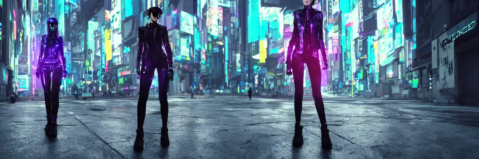 Prompt: a cyberpunk fashion girl wearing street urban futuristic cyberpunk clothing walking in a cyberpunk street inspired by ghost in the shell there are advertising holograms and neon signs in the street and a neon mecha robot with decals all over it, 3d scene, render, ultra realistic, ray tracing, night time, volumetric light, artstation, cgsociety, level design, unreal engine, 3d scene, zenith view