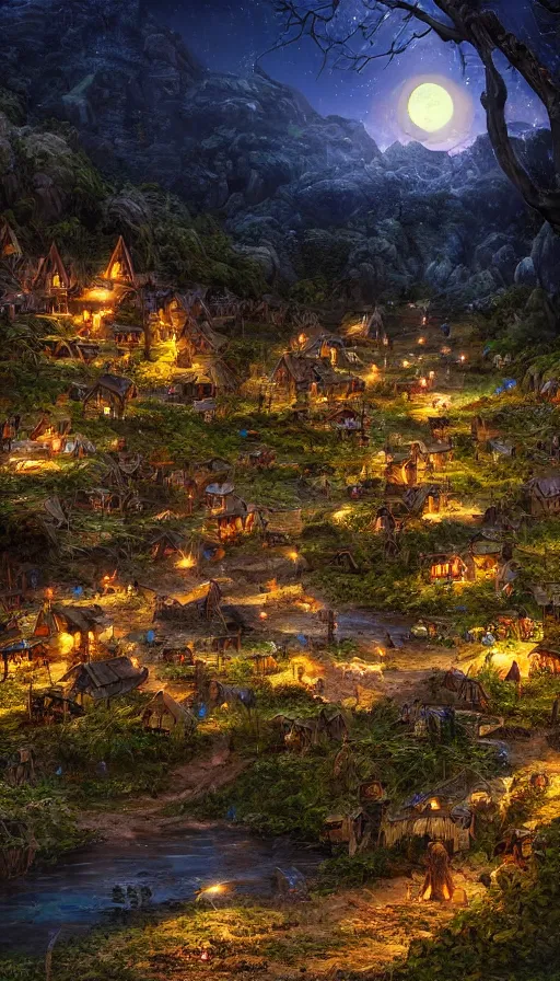 Image similar to a ground photo of a goblin village near a river at night, photorealistic, 8k, high detail, high quality, dramatic lighting, HDR