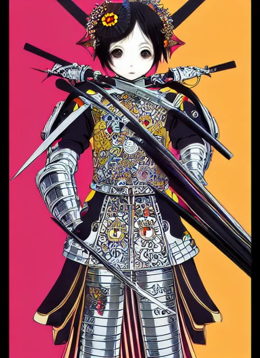 Image similar to takashi murakami, ilya kuvshinov, anime female knight in. ornate armor by, last exile, murata range, fine detail, perfect, dramatic lighting, dynamic composition, art deco, cel shading, vivid, rich texture, alphonse mucha, ( ( ( colorful ) ) ), ( ( ( yoshinari yoh ) ) ),