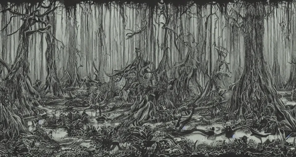 Image similar to A dense and dark enchanted forest with a swamp, by ED roth