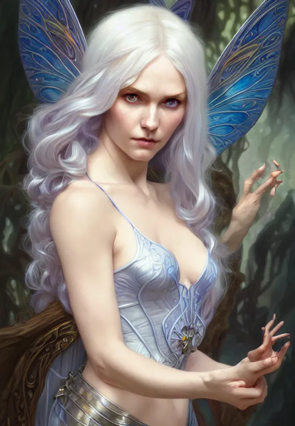 Image similar to portrait of fairy woman, d & d, blue eyes, white hair, face, fantasy, intricate, elegant, highly detailed, digital painting, artstation, concept art, smooth, 8 k, sharp focus, illustration, art by artgerm and greg rutkowski and alphonse mucha