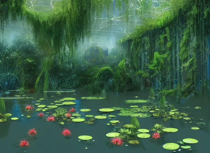 Image similar to A flooded ballroom overgrown with aquatic plants, flowers, lily pads, vines, majestic, dramatic lighting, digital art, trending on Artstation