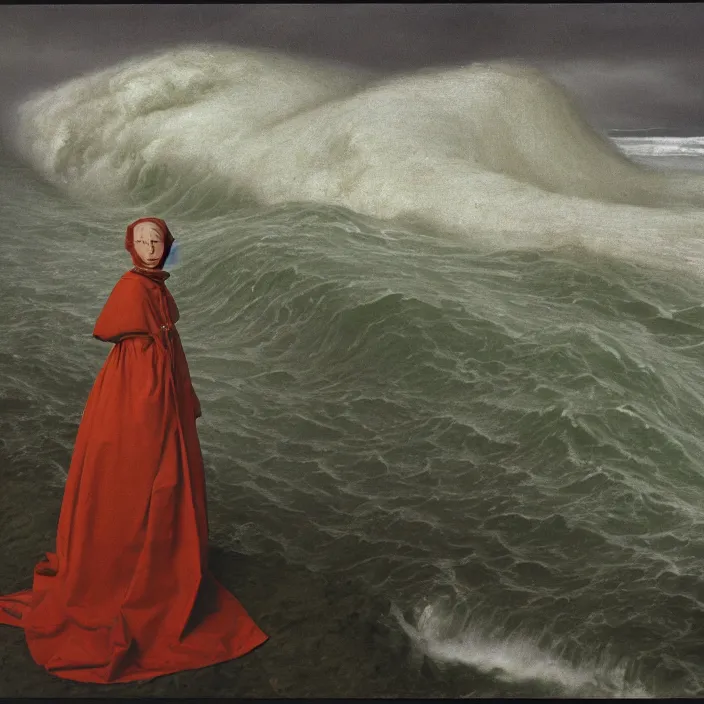 Image similar to a woman wearing wrapped in plastic, standing in front of a giant tsunami wave, color photograph, by jan van eyck, canon eos c 3 0 0, ƒ 1. 8, 3 5 mm, 8 k, medium - format print