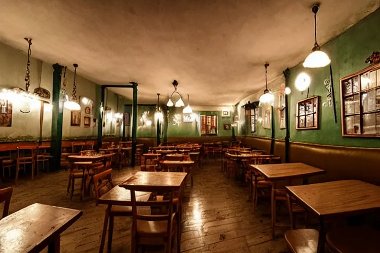 Image similar to belarussian cafe, state of melancholy, romantic, dimmed lights, realistic