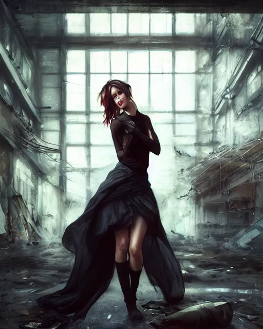 Image similar to daniel gerhartz and artgerm portrait digital chiaroscuro painting of a beautiful woman wearing streetwear clothing, abandoned warehouse interior in the background, unreal engine, hyper realism, realistic shading, cinematic composition, realistic render, octane render, detailed textures, photorealistic, ultrawide shot, 3 5 mm film