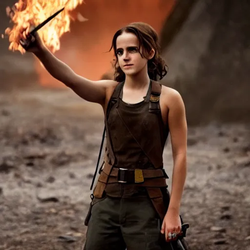 Image similar to emma watson in hunger games, full body shot, highly - detailed, sharp focus, award - winning