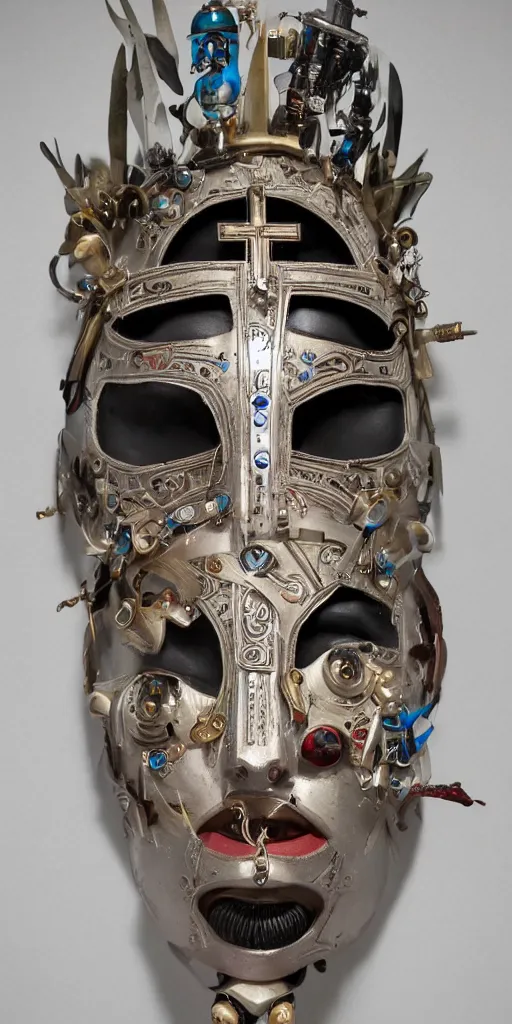 Image similar to a beautiful cyborg made of catholic symbols ceremonial maske