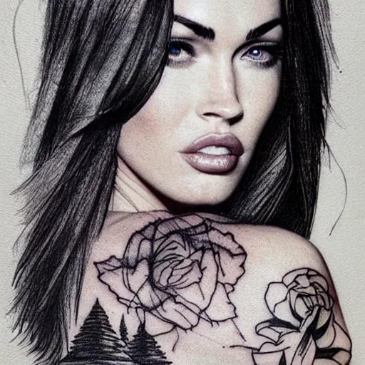 Image similar to megan fox as beautiful mountains, double exposure effect, medium sized tattoo sketch, amazing detail, on pinterest