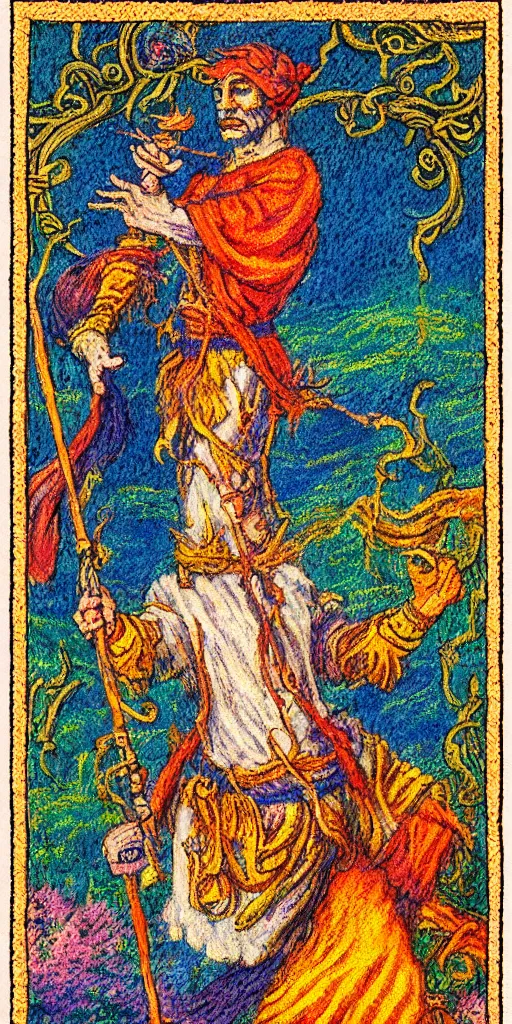 Image similar to the fool tarot card, pastel impressionist, intricate border, insanely detailed, 8 k scan, in frame, satisfying, clever