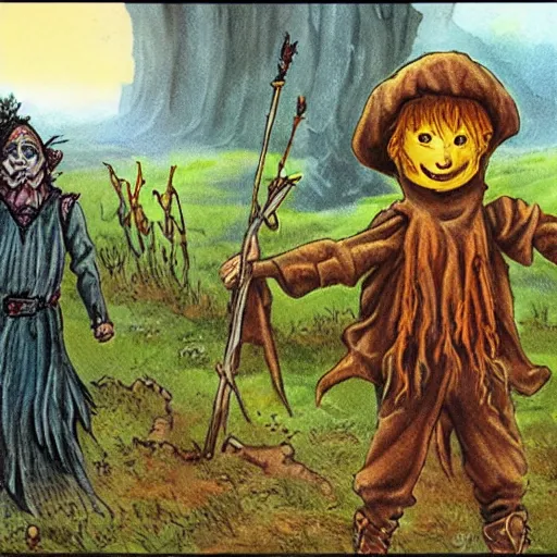 Image similar to elvish scarecrow scaring off goblins