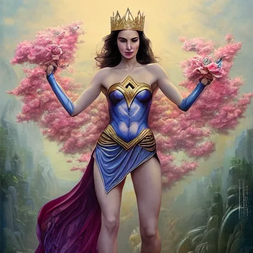 Prompt: full body fine art photo of the beauty goddess gal gadot, she has a crown of mesmerizing flowers, she is arriving heaven, by peter mohrbacher