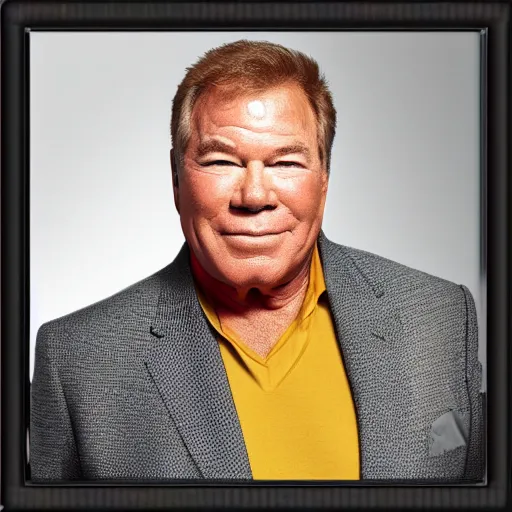 Image similar to william shatner wearing a gold shirt with black collar, digitla art