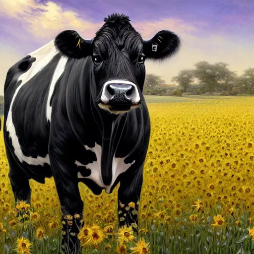 Prompt: portrait of black and white cow, field of sun flowers landscape, rich vivid colors, fantasy, intricate, elegant, highly detailed, digital painting, artstation, concept art, matte, sharp focus, illustration, art by Artgerm and Greg Rutkowski and Alphonse Mucha